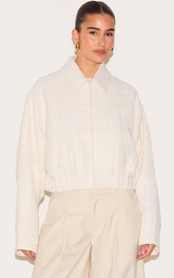 Cream Zip Front Textured Bomber - Cellubyee Boutique